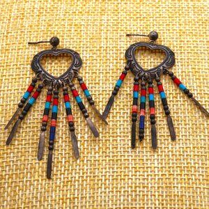 Vintage Southwest Quac Turquoise Coral Onyx Silver Heart Feather Earrings By QT